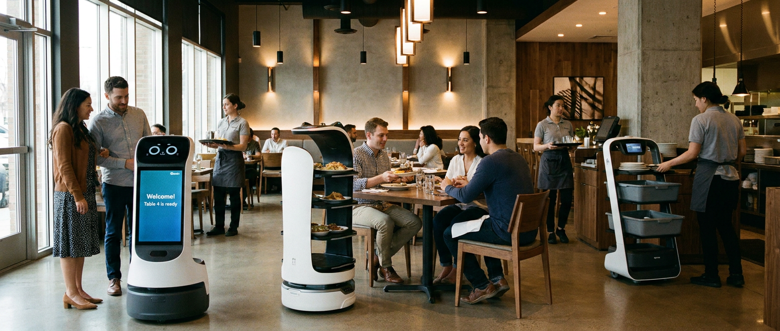 Robot camarero en un restaurante moderno apoyando el servicio en sala